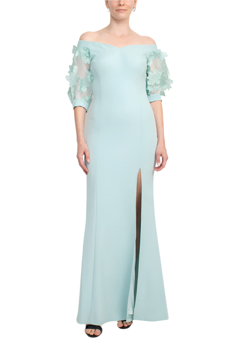 Alberto Makali V-Neck Short Embellished Lace Sleeve Zipper Back Bodycon Slit Side Scuba Dress - SKY BLUE - front