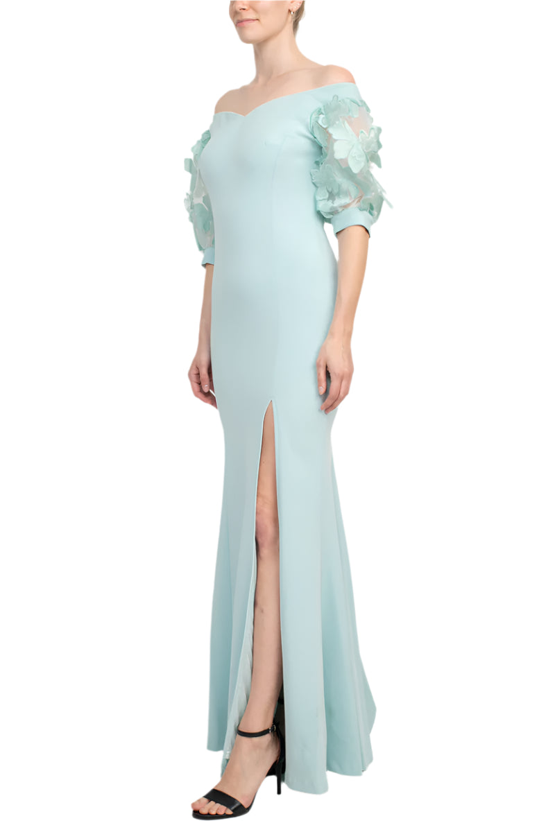 Alberto Makali V-Neck Short Embellished Lace Sleeve Zipper Back Bodycon Slit Side Scuba Dress - SKY BLUE - side