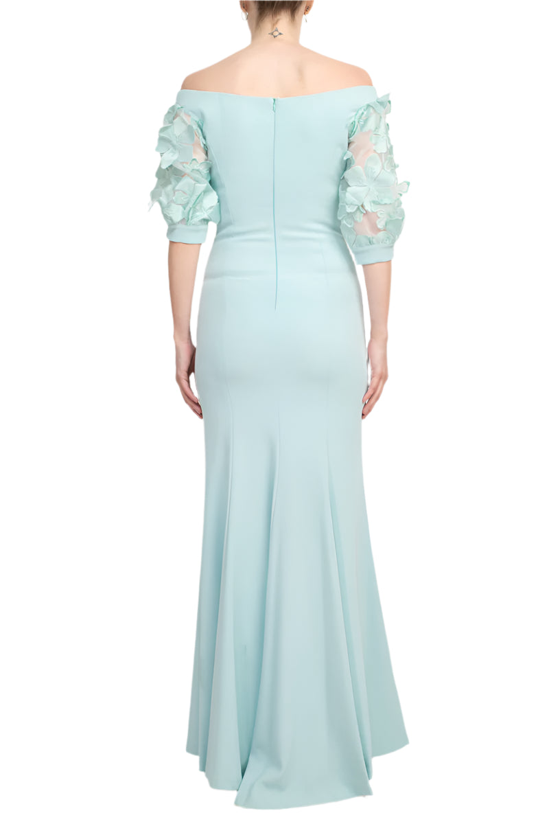 Alberto Makali V-Neck Short Embellished Lace Sleeve Zipper Back Bodycon Slit Side Scuba Dress - SKY BLUE - back