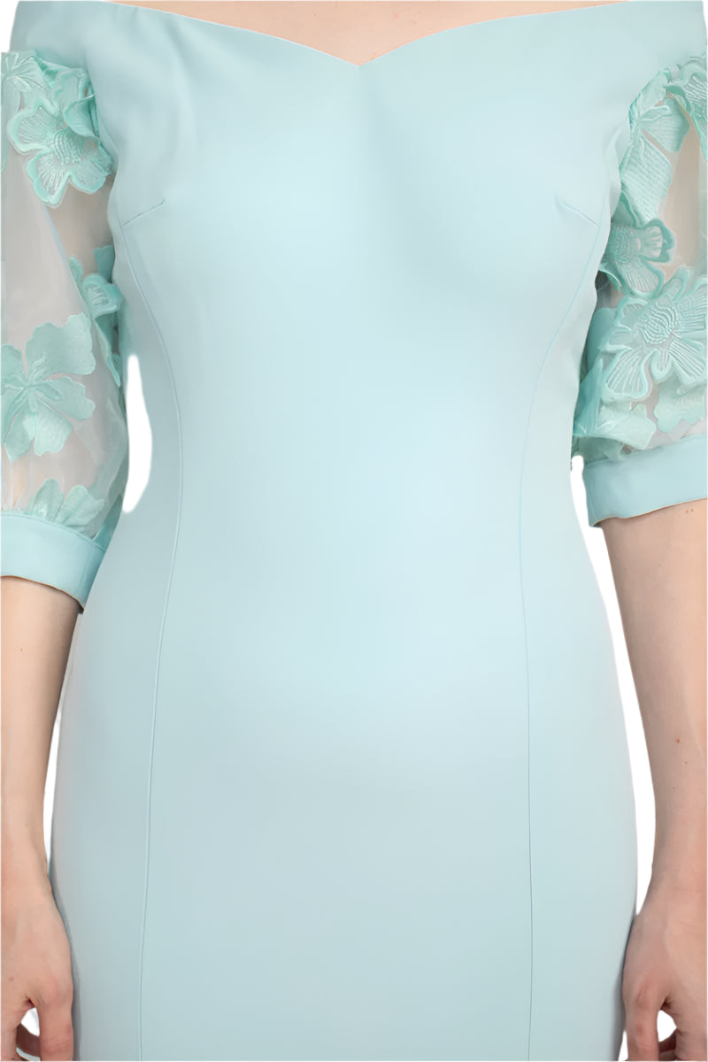 Alberto Makali V-Neck Short Embellished Lace Sleeve Zipper Back Bodycon Slit Side Scuba Dress - SKY BLUE - fabric