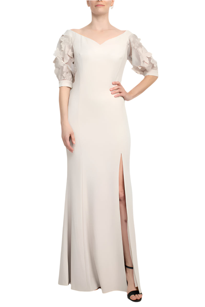 Alberto Makali V-Neck Short Embellished Lace Sleeve Zipper Back Bodycon Slit Side Scuba Dress - TAUPE - front view