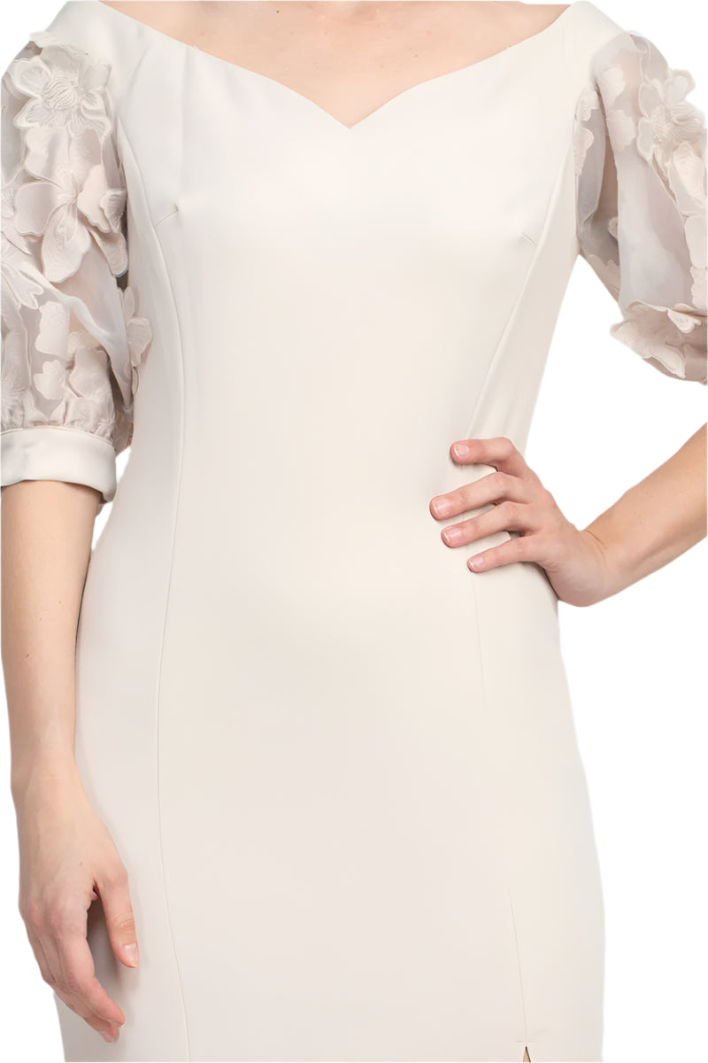 Alberto Makali V-Neck Short Embellished Lace Sleeve Zipper Back Bodycon Slit Side Scuba Dress - TAUPE - fabric