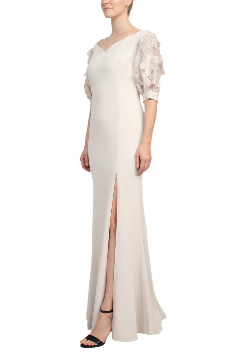 Alberto Makali V-Neck Short Embellished Lace Sleeve Zipper Back Bodycon Slit Side Scuba Dress - TAUPE - side