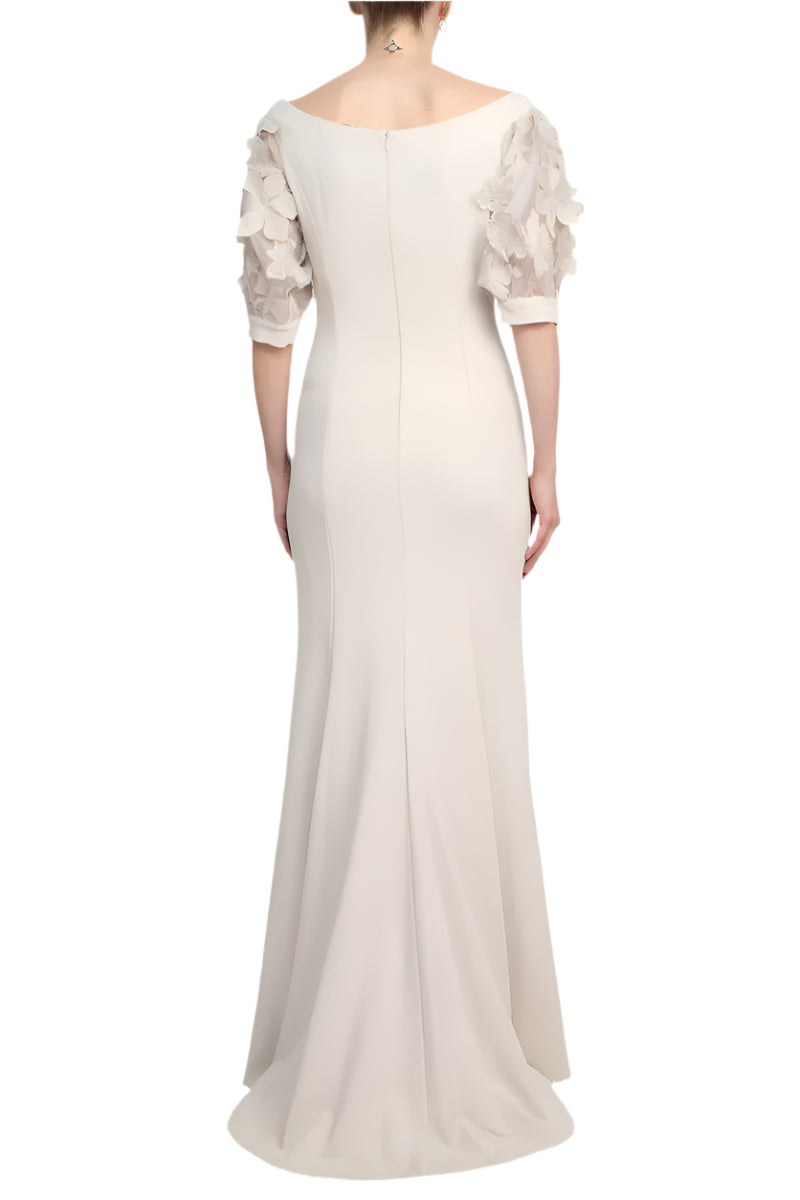 Alberto Makali V-Neck Short Embellished Lace Sleeve Zipper Back Bodycon Slit Side Scuba Dress - TAUPE - back