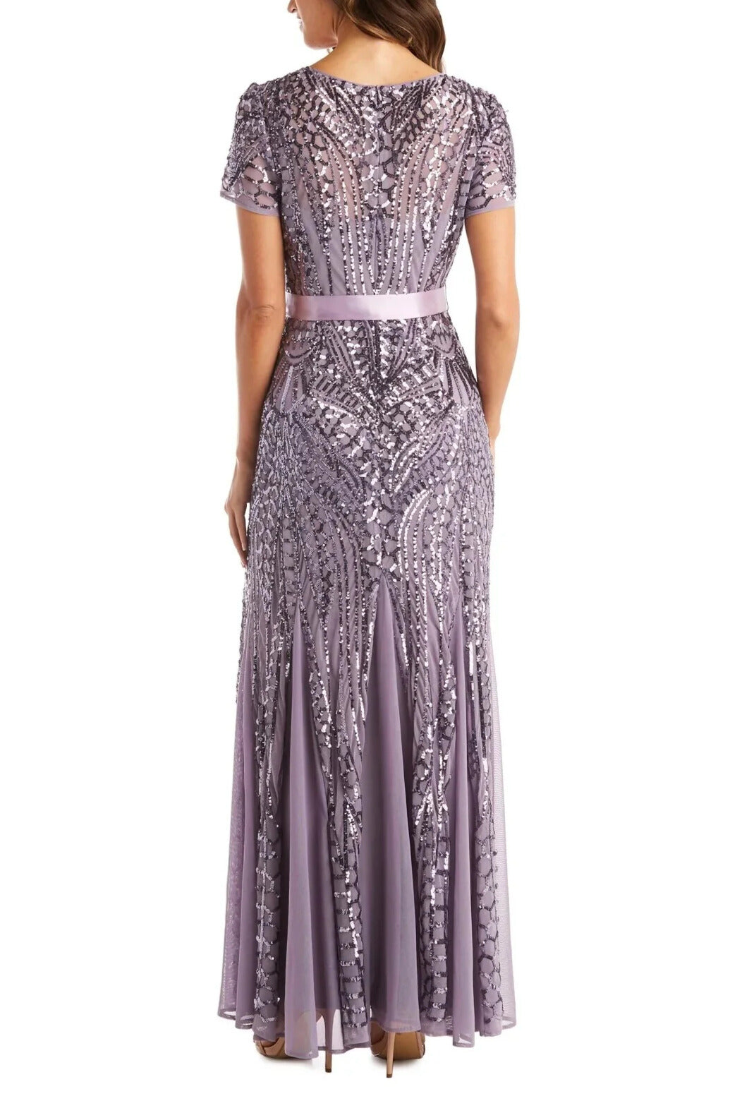 R&M Richards Round Neck Short Sleeves Satin Ribbon Sash Pleated Skirt Straight Hem Maxi Dress - LAVENDER - back