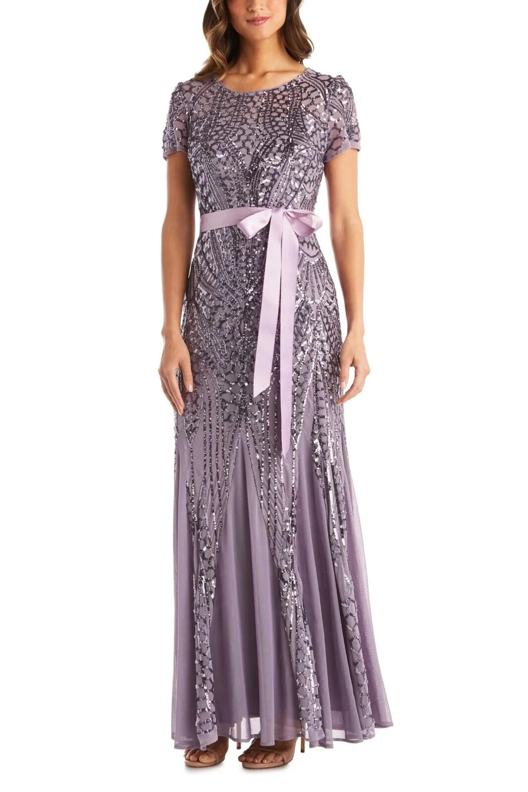 R&M Richards Round Neck Short Sleeves Satin Ribbon Sash Pleated Skirt Straight Hem Maxi Dress - LAVENDER - front