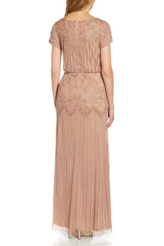 Adrianna Papell Boat Neck Short Sleeve Blouson Zipper Back Embellished Mesh Dress - ROSE GOLD - BACK