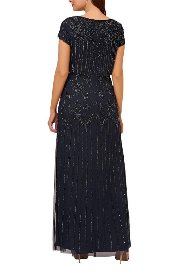 Adrianna Papell Boat Neck Short Sleeve Blouson Zipper Back Embellished Mesh Dress - NAVY - BACK