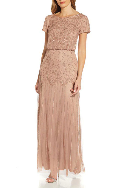 Adrianna Papell Boat Neck Short Sleeve Blouson Zipper Back Embellished Mesh Dress - ROSE GOLD - FRONT
