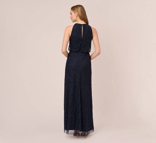 Halter Long Beaded Gown by Adrianna Papell 191914100 in Navy