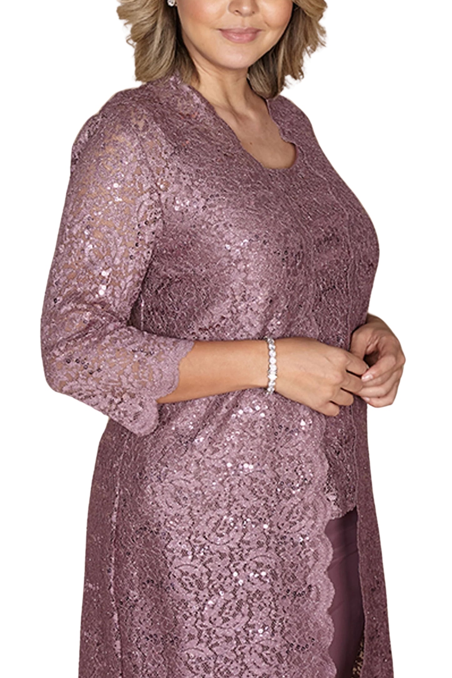 R&M Richards Metallic Lace Tank Top and Pant Set with Sheer Lace Jacket