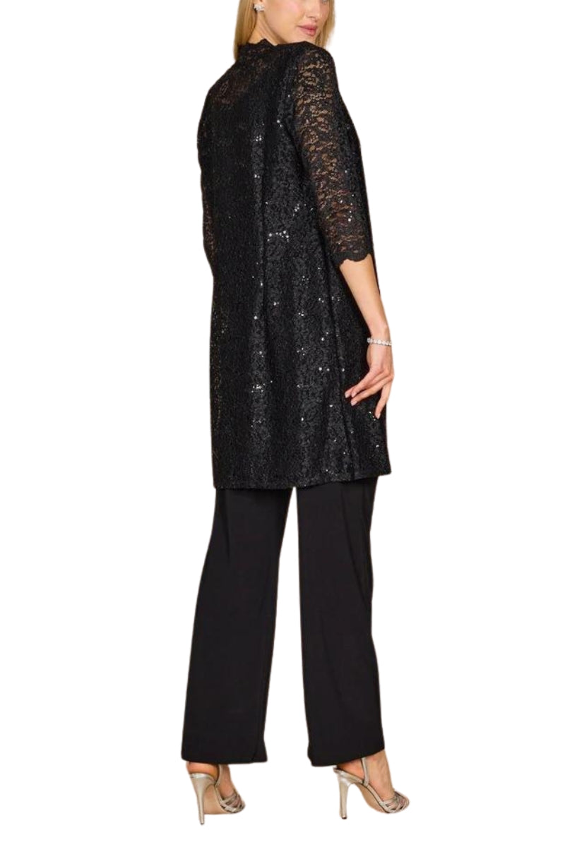R&M Richards Metallic Lace Tank Top and Pant Set with Sheer Lace Jacket (Plus Size) - BLACK - Side