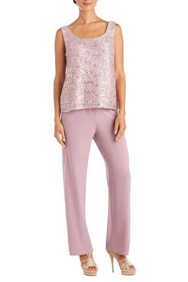 R&M Richards Metallic Lace Tank Top And Pant Set With Sheer Lace Jacket - MAUVE - SLEEVELESS FRONT VIEW