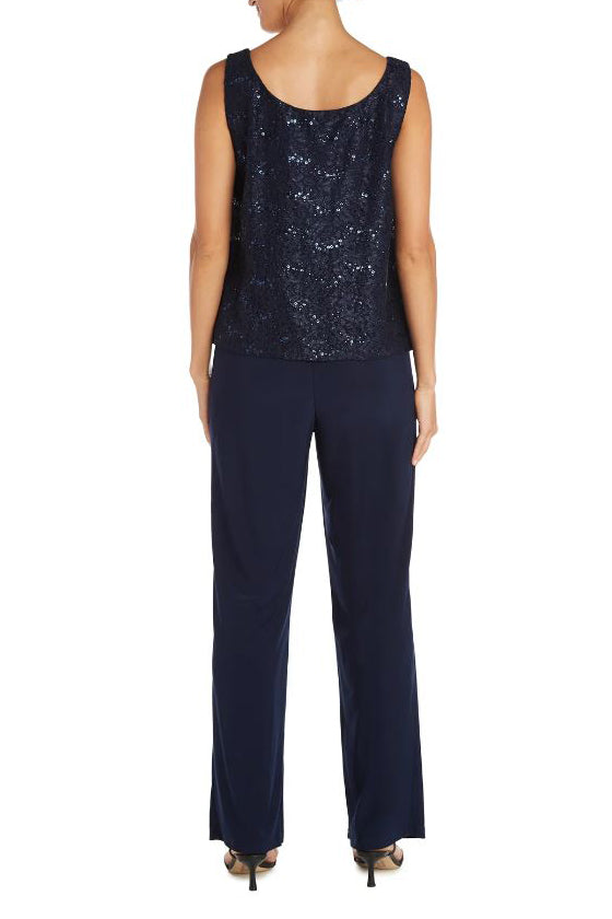 R&M Richards Metallic Lace Tank Top and Pant Set with Sheer Lace Jacket Set (Petite Size) - NAVY - Back Without Jacket