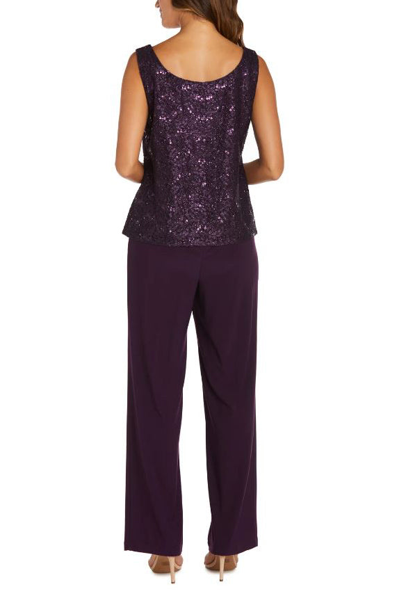 R&M Richards Metallic Lace Tank Top and Pant Set with Sheer Lace Jacket - PLUM - Without Jacket Back View