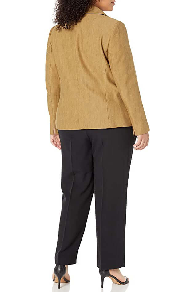 Le Suit V-Neck Long Sleeve Shawl Collar One Button Closure Mini Herringbone Jacket with Mid Waist Elastic Back Waist Solid Slim Pants (Plus Size) - DIJON BLACK - Back