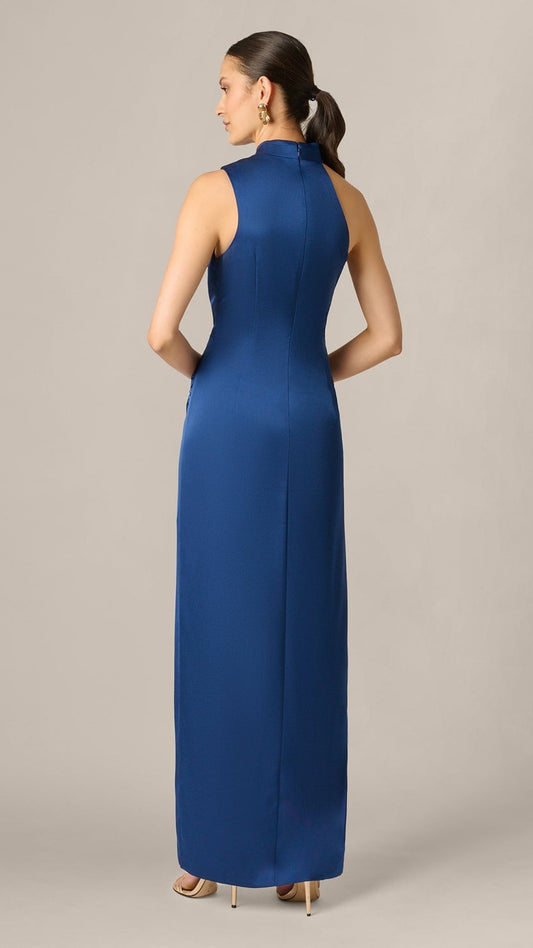 Aidan Mattox Satin Asymmetrical Draped Hardware Halter Gown 209919 Wholesale