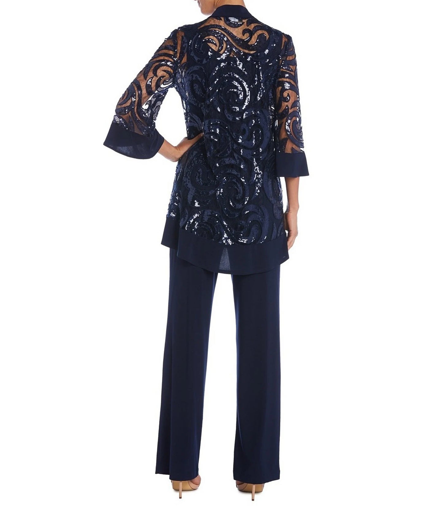 R&M Richards Scoop Neckline Top Sequin Jacket Straight Hemline Pant Suit Set Dress with Detachable Necklace - NAVY - Back