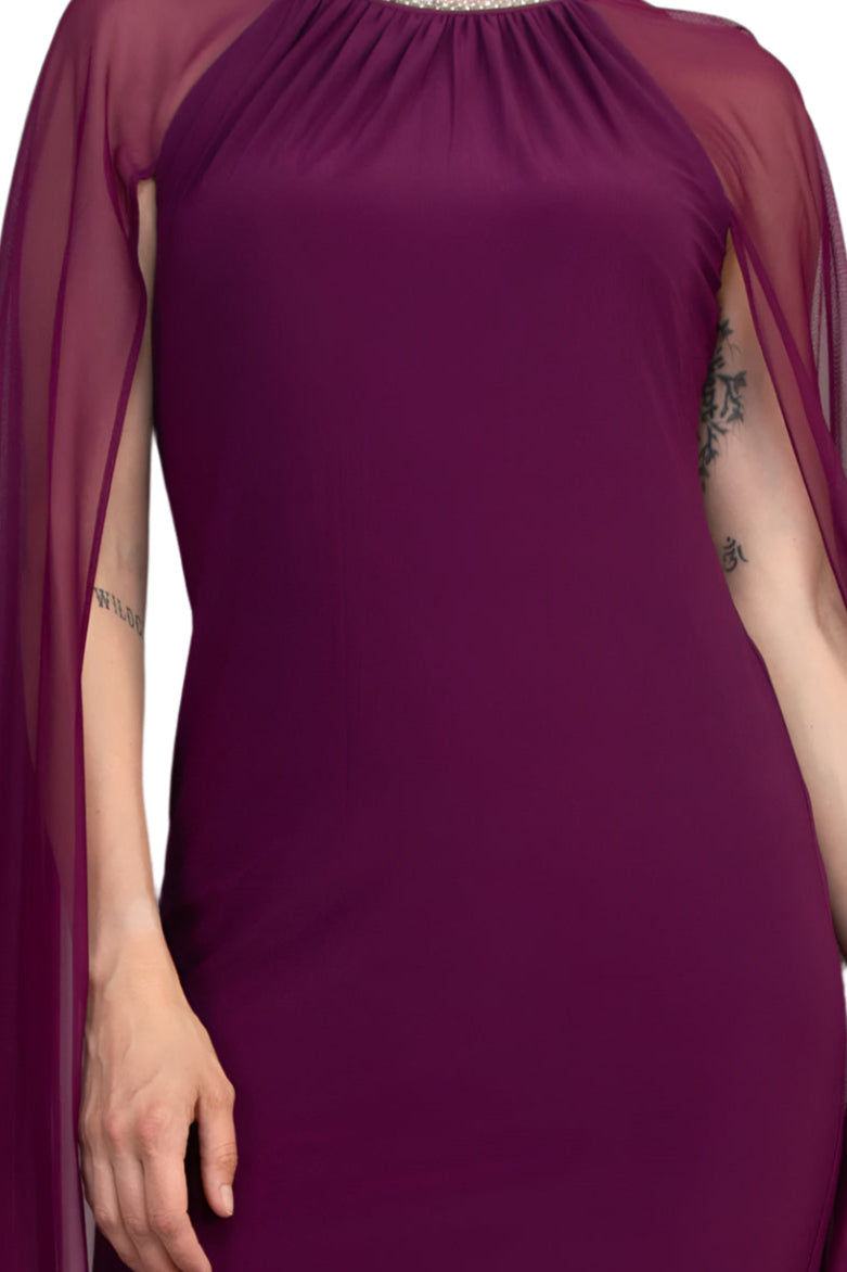 R&M Richards Pearl Bead Round Neckline Gown Dress with Cape - MULBERRY - Fabric