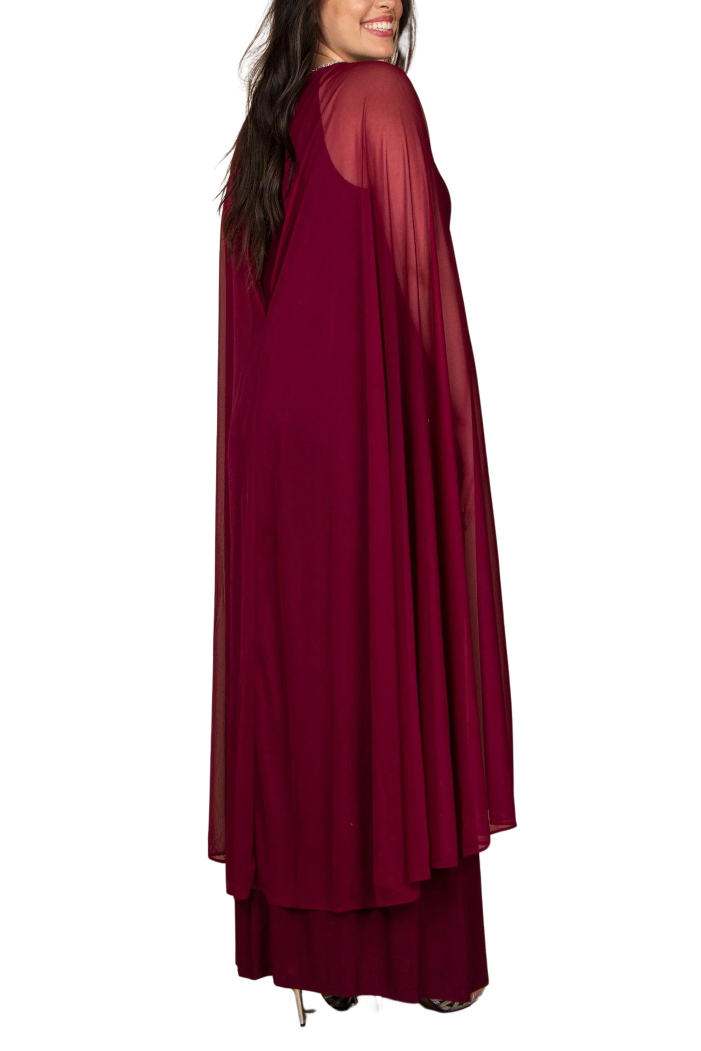 R&M Richards Pearl Bead Round Neckline Gown Dress with Cape (Plus Size) - MERLOT - Back