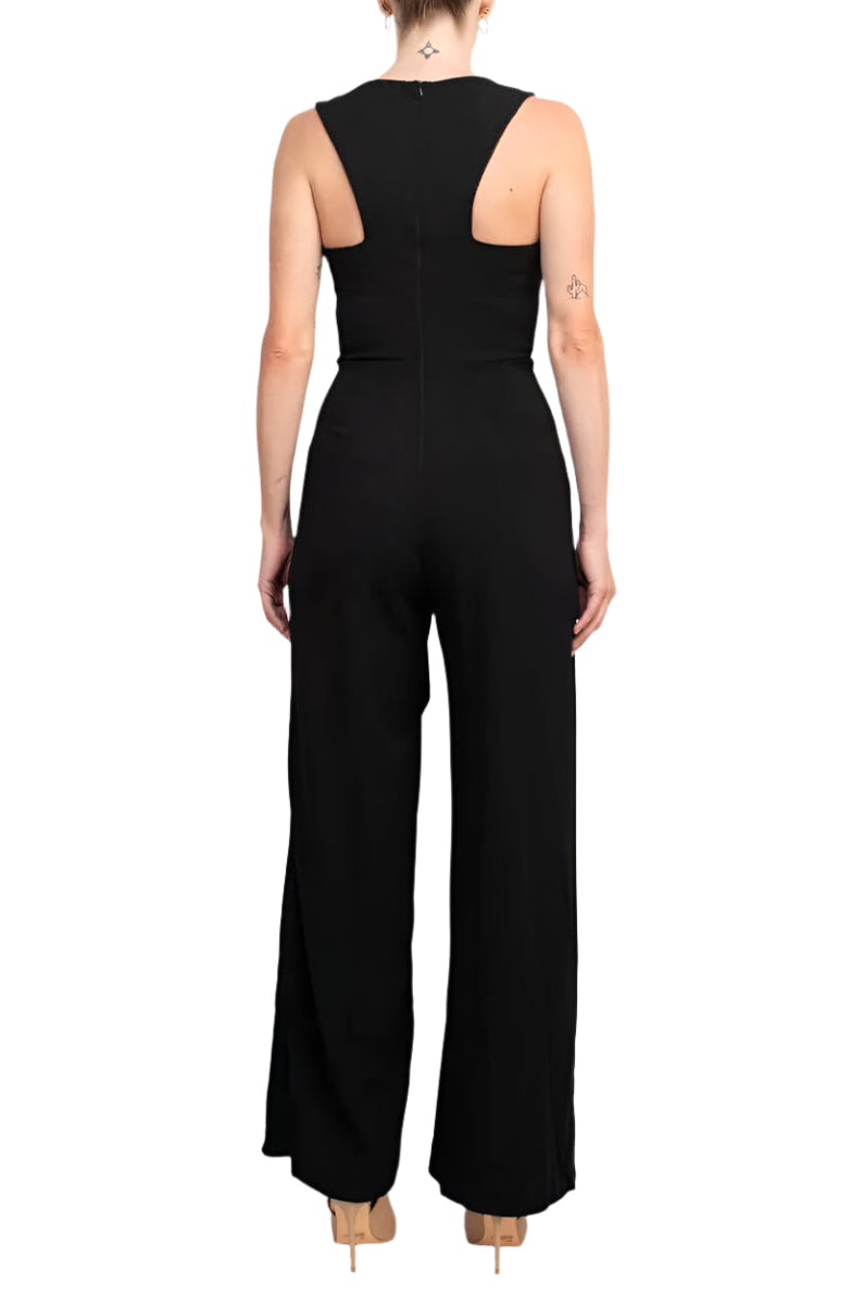 Marina V-Neck Sleeveless Zipper Back Racer Back Ruffled Hem Crepe Jumpsuit - BLACK - Back