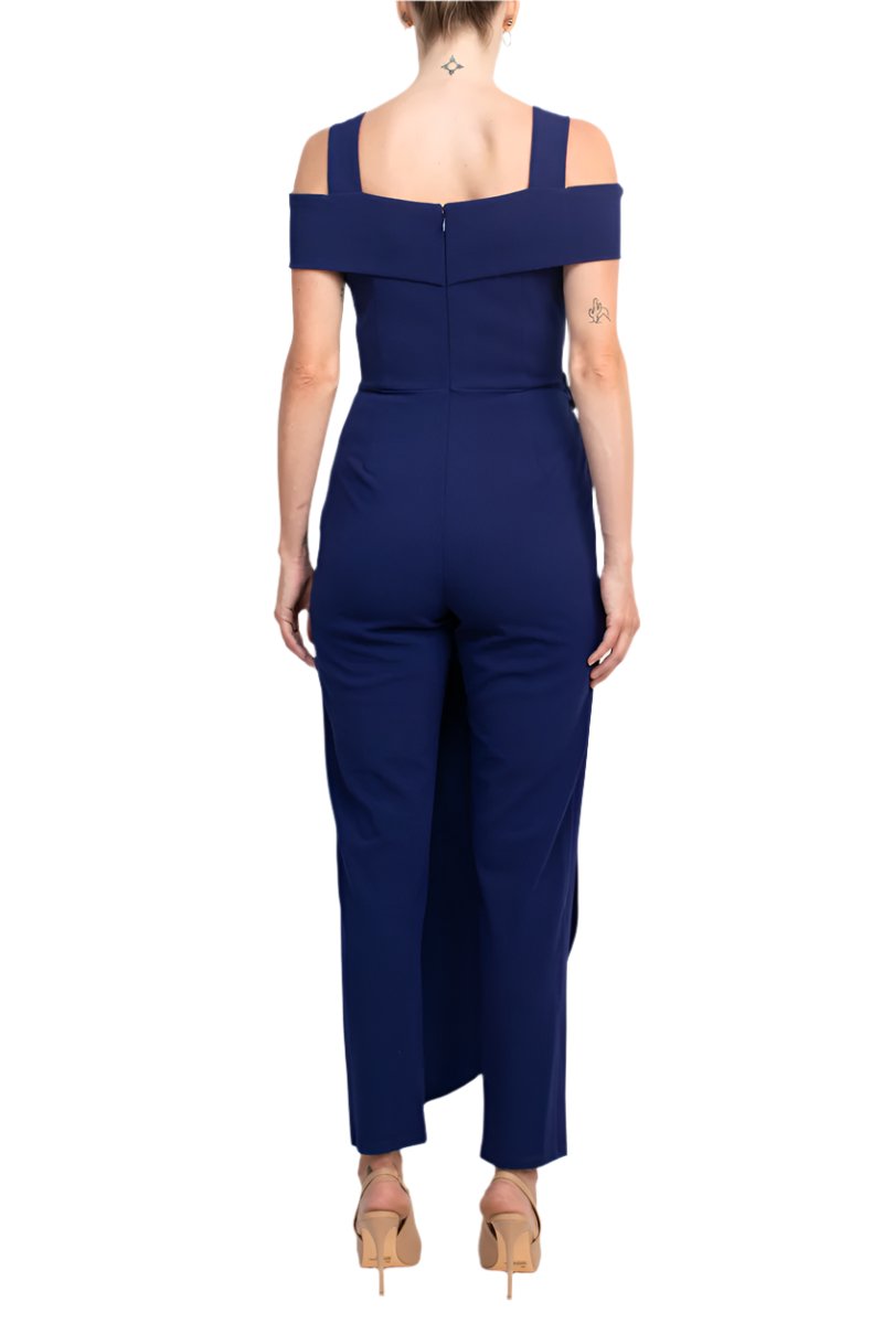 Marina Square Neck Off Shoulder Tie Side Zipper Back Faux Sarong Overlay Crepe Jumpsuit - INDIGO - Back