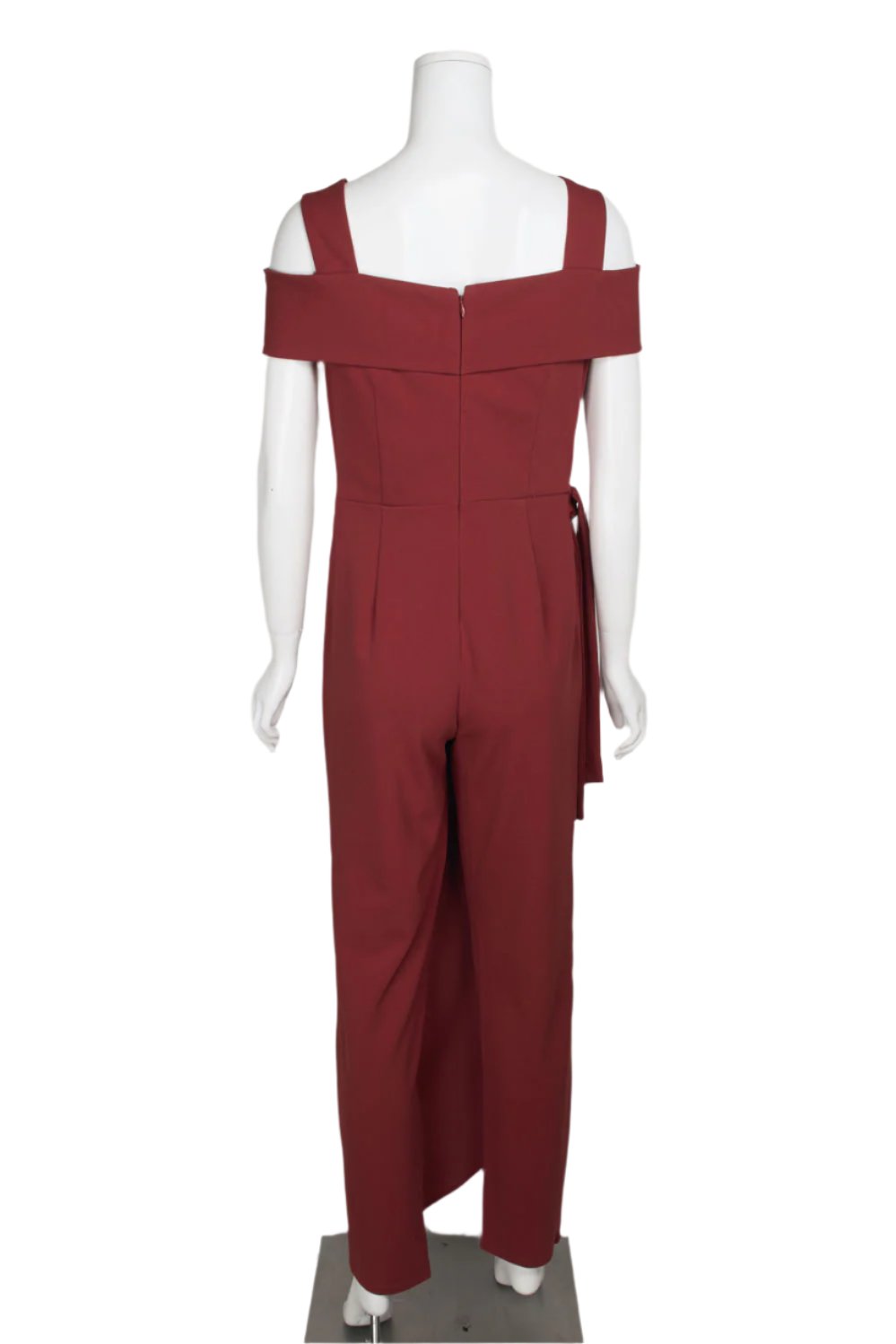 Marina Square Neck Off Shoulder Tie Side Zipper Back Faux Sarong Overlay Crepe Jumpsuit - PAPRIKA - Back