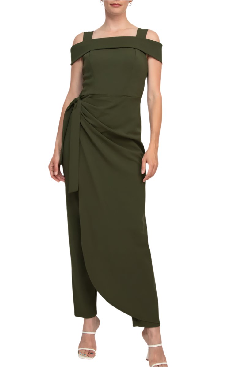Marina Square Neck Off Shoulder Tie Side Zipper Back Faux Sarong Overlay Crepe Jumpsuit - OLIVE - Front