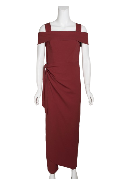 Marina Square Neck Off Shoulder Tie Side Zipper Back Faux Sarong Overlay Crepe Jumpsuit - PAPRIKA - Front