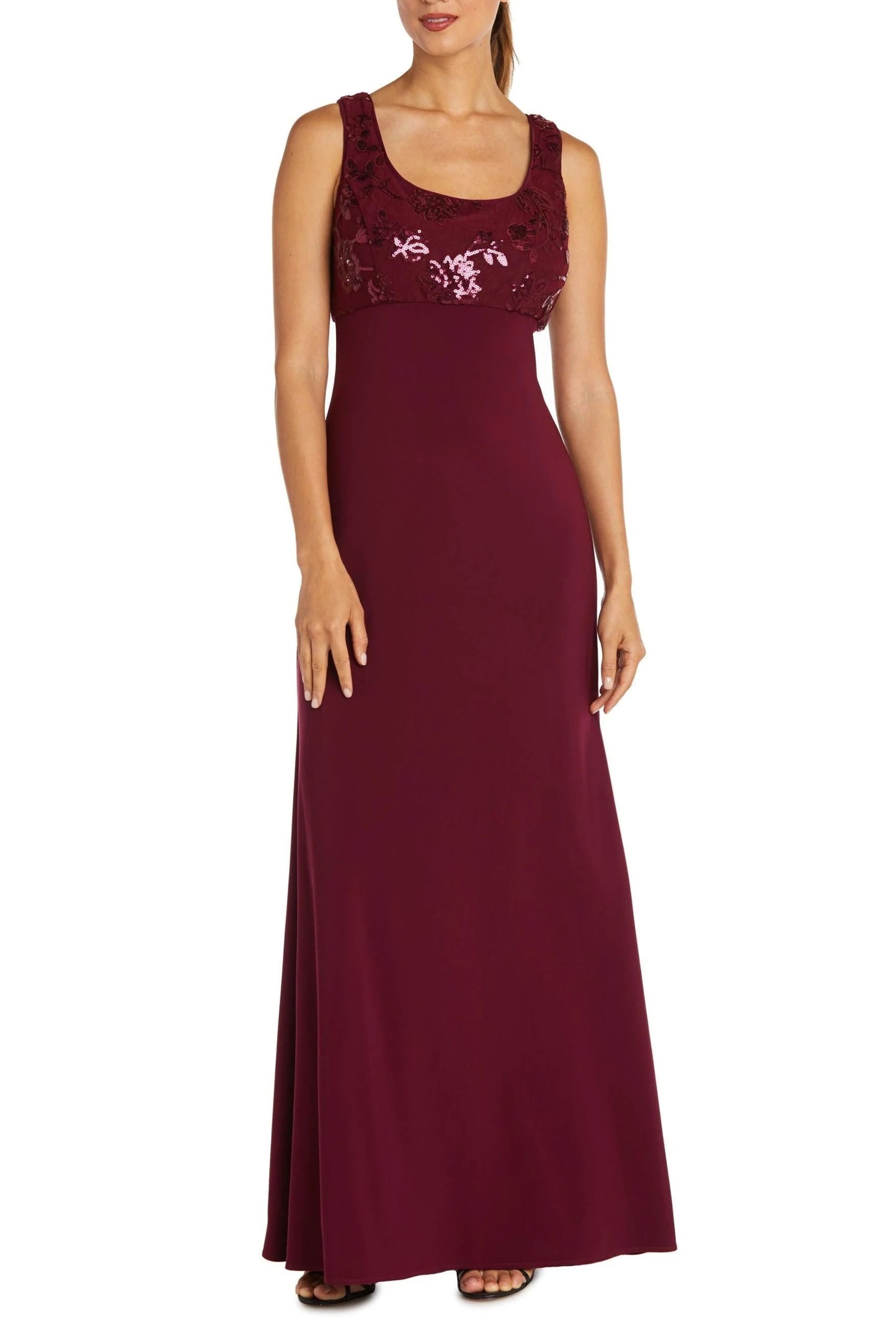 R&M Richards Scoop Neck Sleeveless Dress with Sequin Mesh Lace Jacket - MERLOT - Front Without Jacket