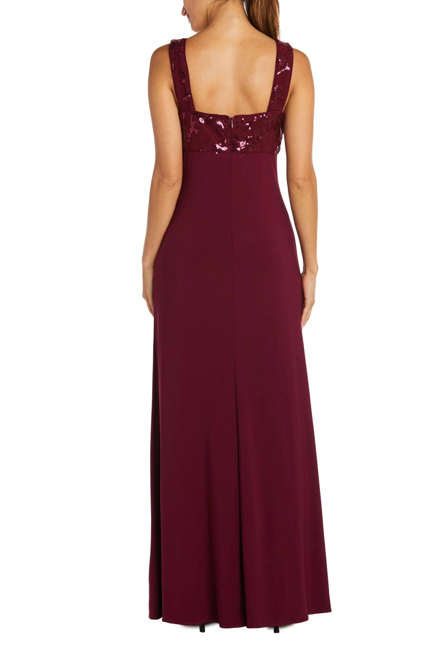 R&M Richards Scoop Neck Sleeveless Dress with Sequin Mesh Lace Jacket - MERLOT - Back Without Jacket