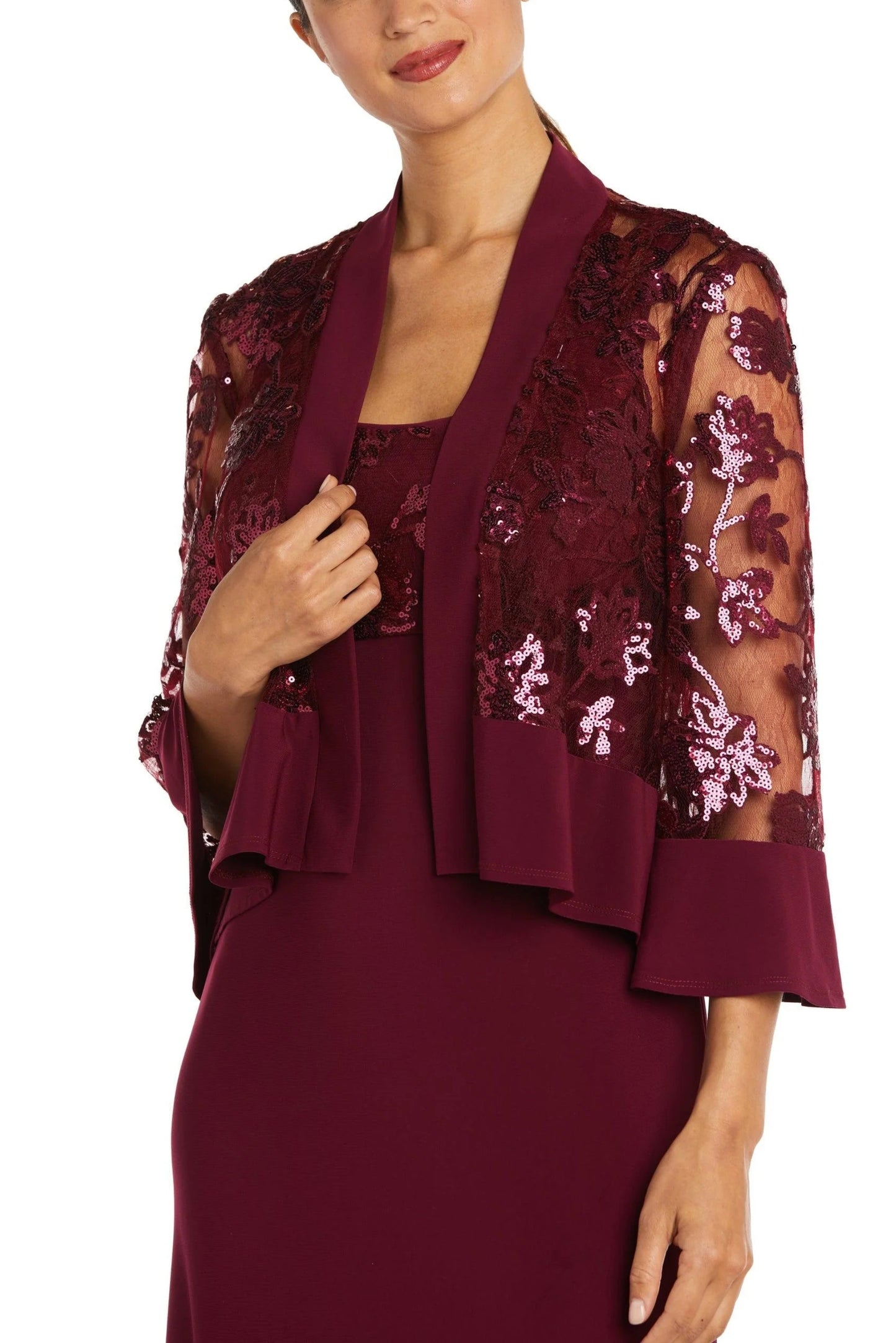 R&M Richards Scoop Neck Sleeveless Dress with Sequin Mesh Lace Jacket - MERLOT - Fabric