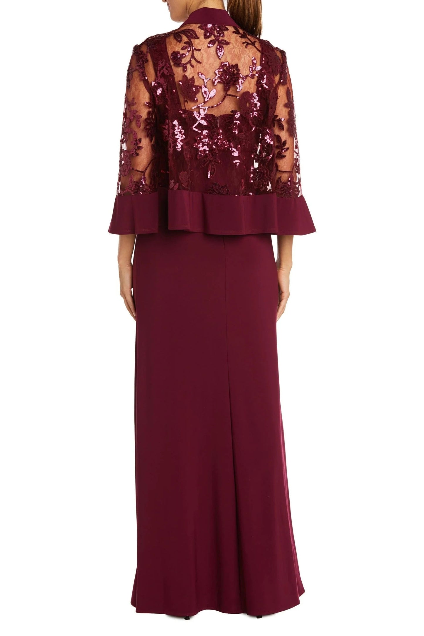 R&M Richards Scoop Neck Sleeveless Dress with Sequin Mesh Lace Jacket - MERLOT - Back