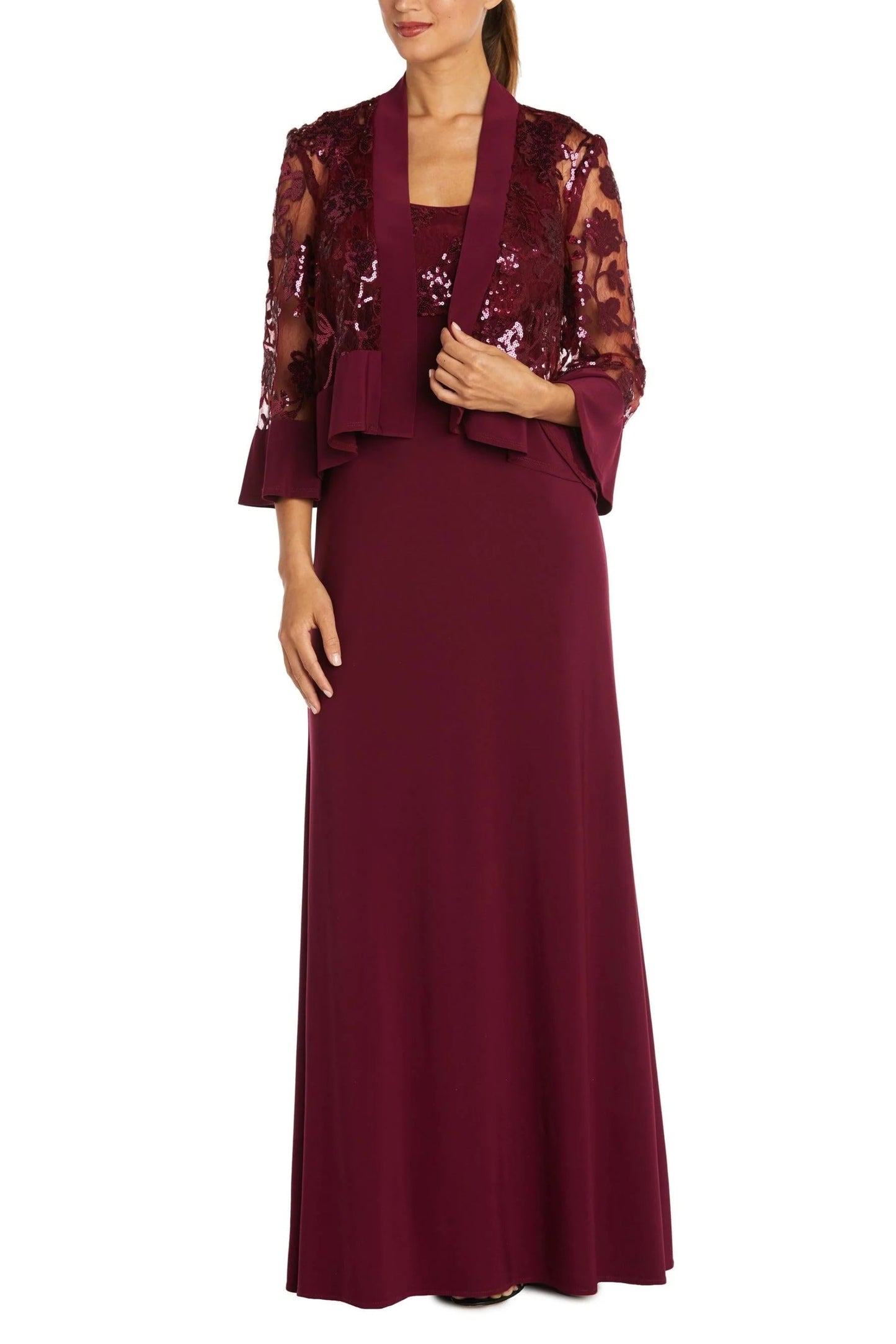 R&M Richards Scoop Neck Sleeveless Dress with Sequin Mesh Lace Jacket - MERLOT - Front