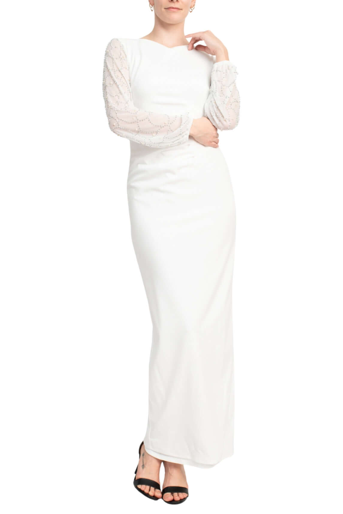 Marina Crew Neck Embellished Chiffon Sleeve Pleated Side Zipper Back Slit Back Solid Crepe Dress - IVORY - Front View
