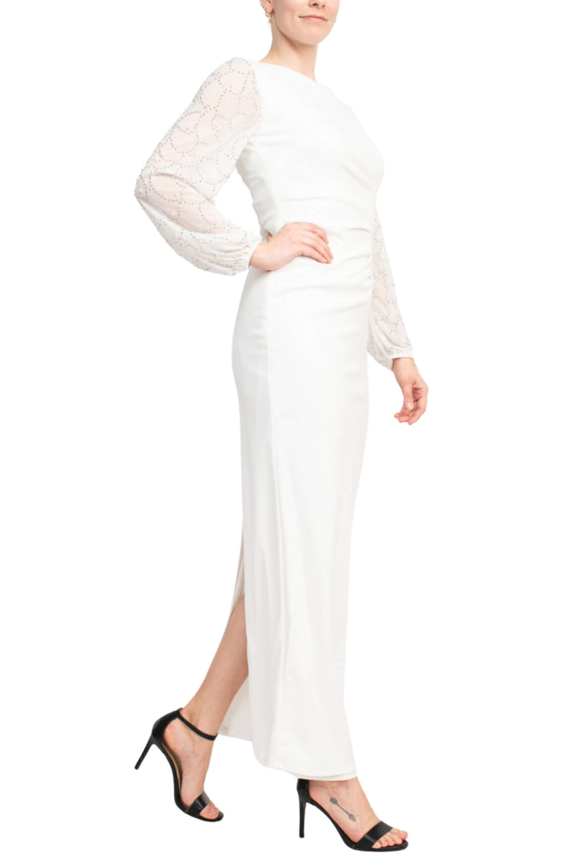 Marina Crew Neck Embellished Chiffon Sleeve Pleated Side Zipper Back Slit Back Solid Crepe Dress - IVORY - Side