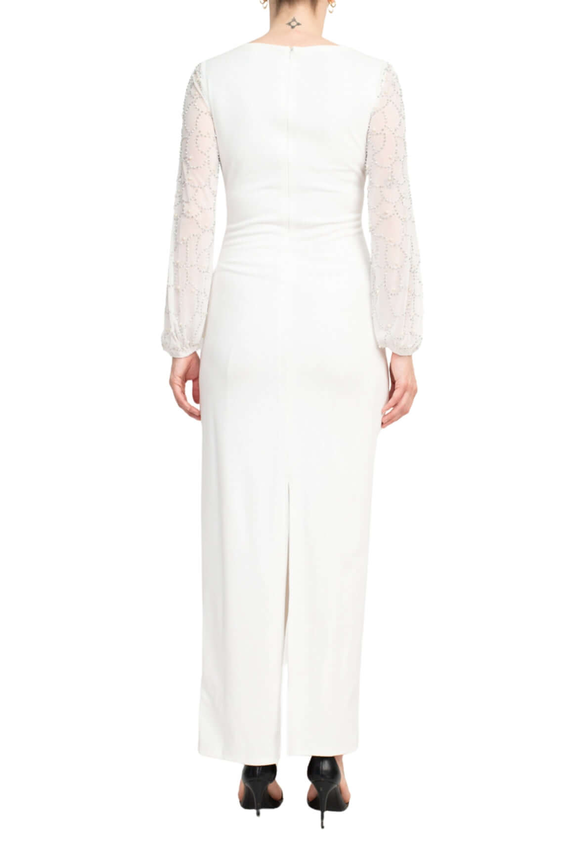 Marina Crew Neck Embellished Chiffon Sleeve Pleated Side Zipper Back Slit Back Solid Crepe Dress - IVORY - Back