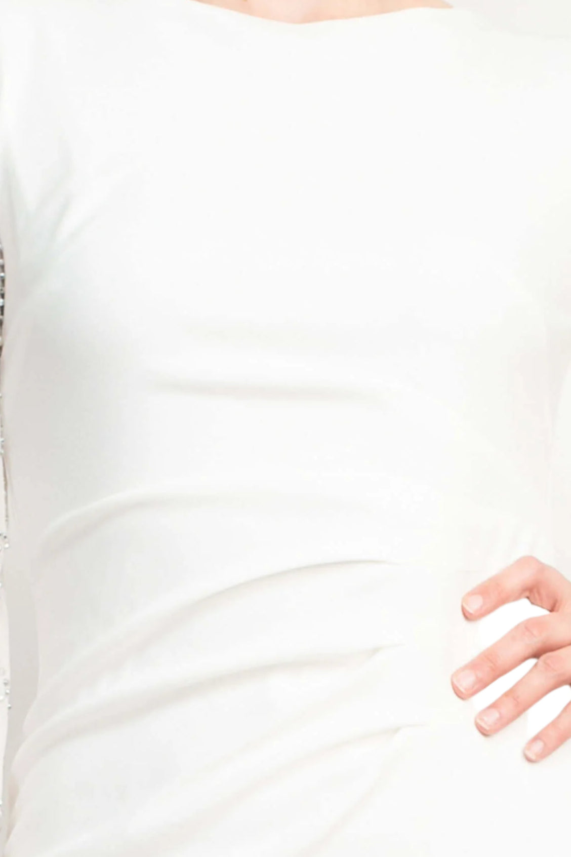 Marina Crew Neck Embellished Chiffon Sleeve Pleated Side Zipper Back Slit Back Solid Crepe Dress - IVORY - Fabric