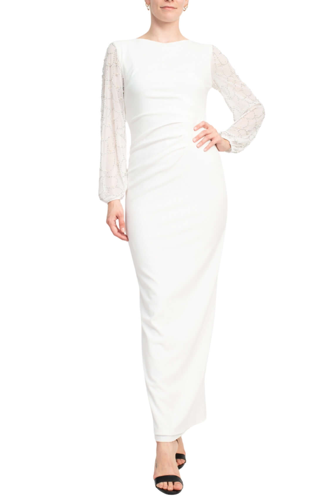 Marina Crew Neck Embellished Chiffon Sleeve Pleated Side Zipper Back Slit Back Solid Crepe Dress - IVORY - Front Full View