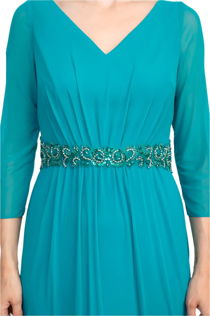 Marina V-Neck 3/4 Sleeve Embellished Waist Front Zipper Back Solid Mesh Gown - GREEN - WAIST DETAILED VIEW