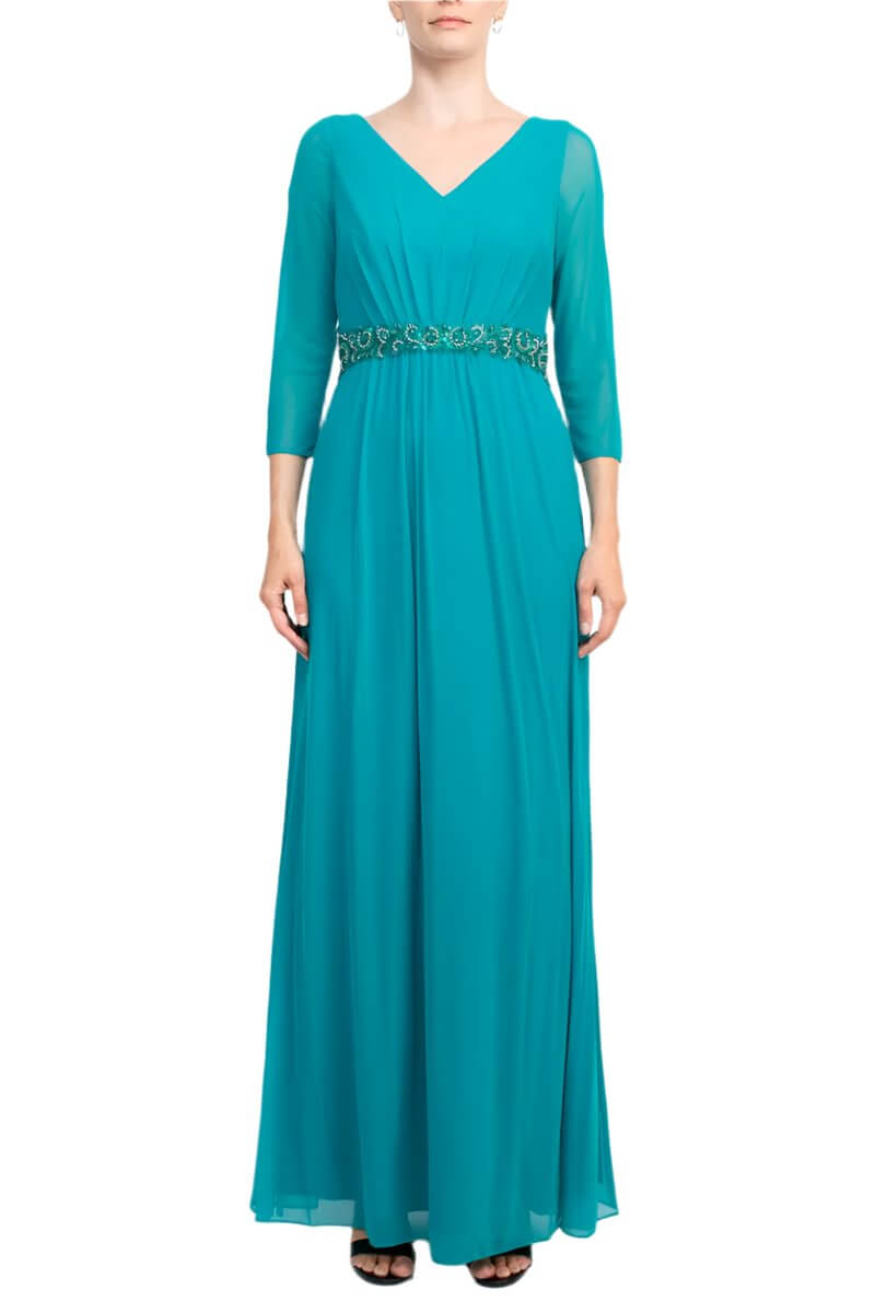 Marina V-Neck 3/4 Sleeve Embellished Waist Front Zipper Back Solid Mesh Gown - GREEN - FRONT