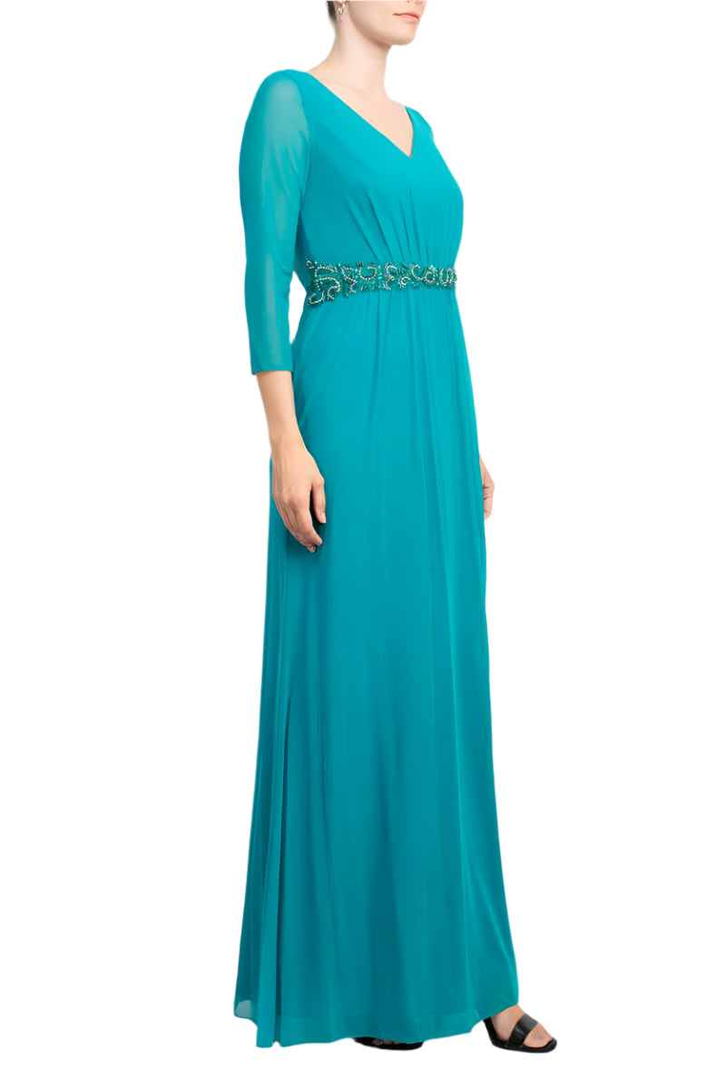 Marina V-Neck 3/4 Sleeve Embellished Waist Front Zipper Back Solid Mesh Gown - GREEN - SIDE