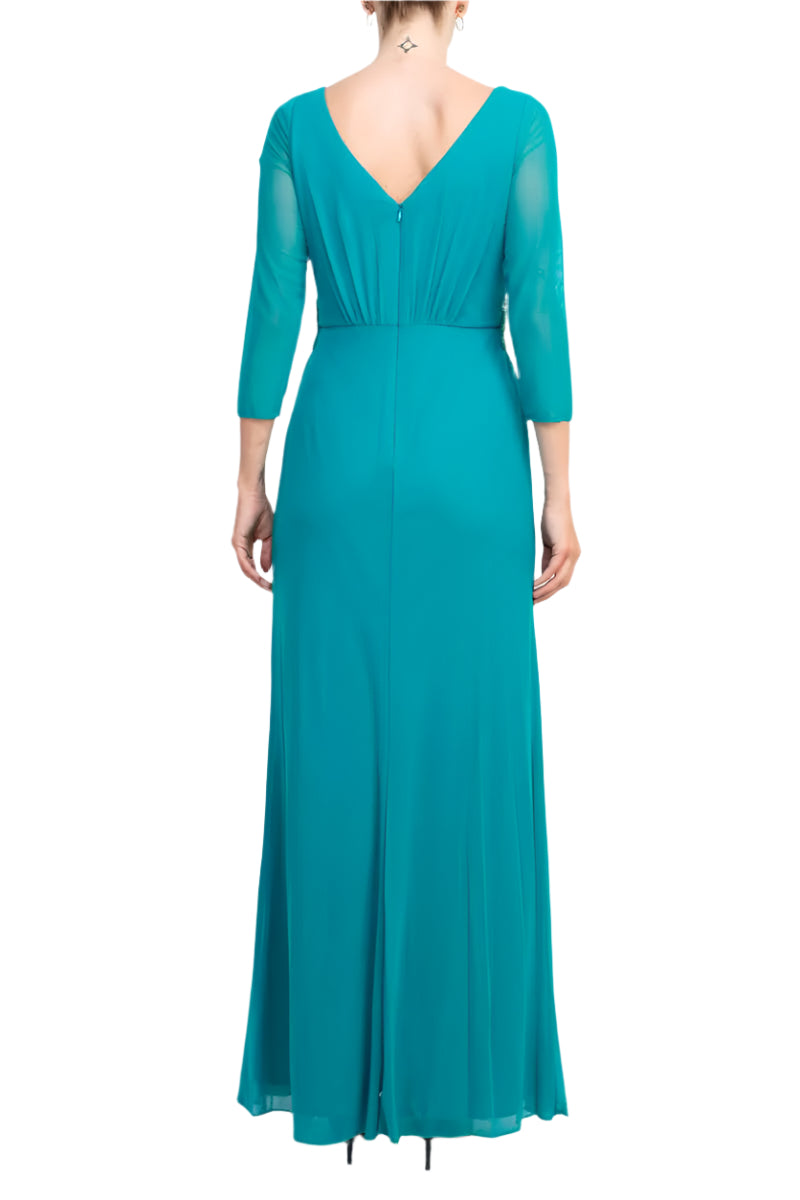 Marina V-Neck 3/4 Sleeve Embellished Waist Front Zipper Back Solid Mesh Gown - GREEN - BACK