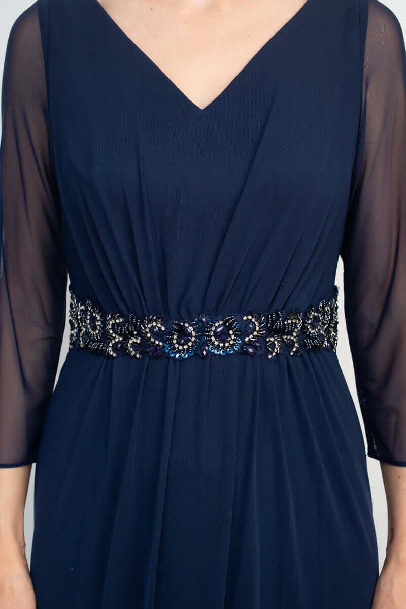 Marina V-Neck 3/4 Sleeve Embellished Waist Front Zipper Back Solid Mesh Gown - NAVY - WAIST DETAILED VEW
