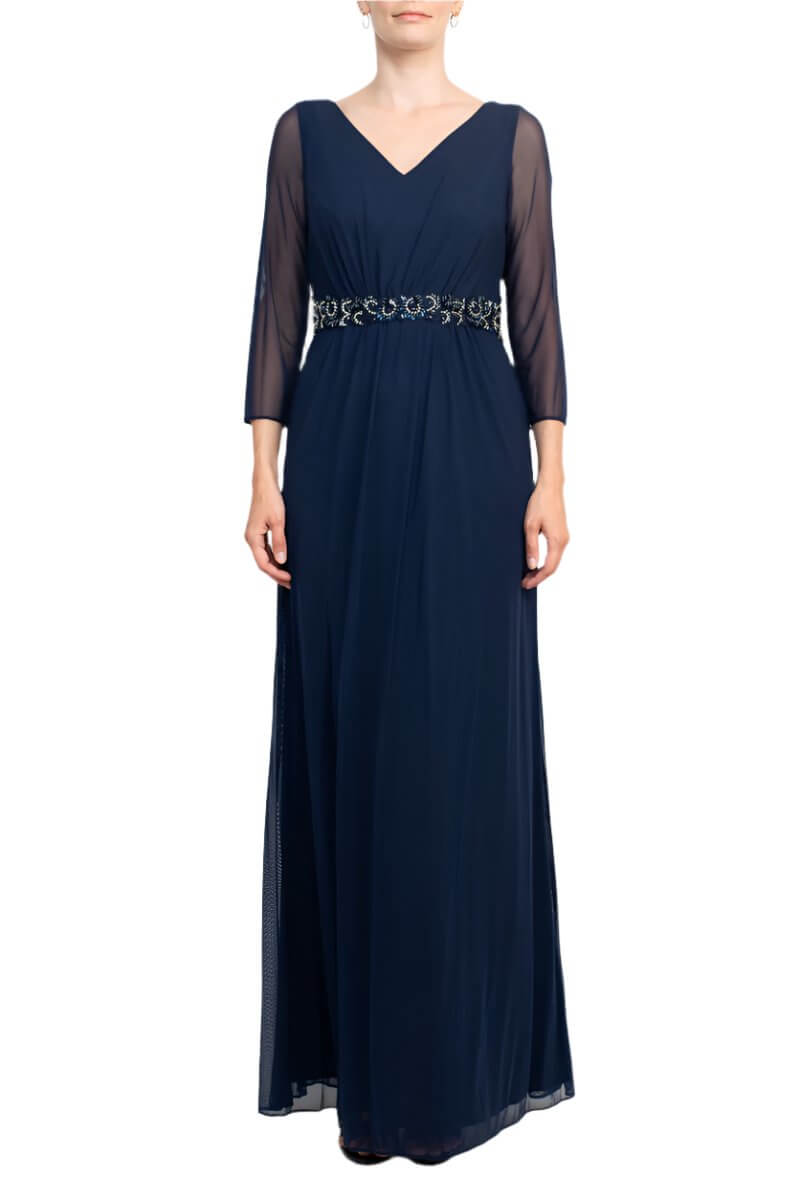Marina V-Neck 3/4 Sleeve Embellished Waist Front Zipper Back Solid Mesh Gown - NAVY - FRONT