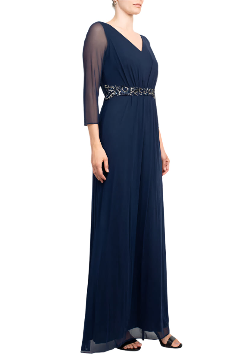 Marina V-Neck 3/4 Sleeve Embellished Waist Front Zipper Back Solid Mesh Gown - NAVY - SIDE
