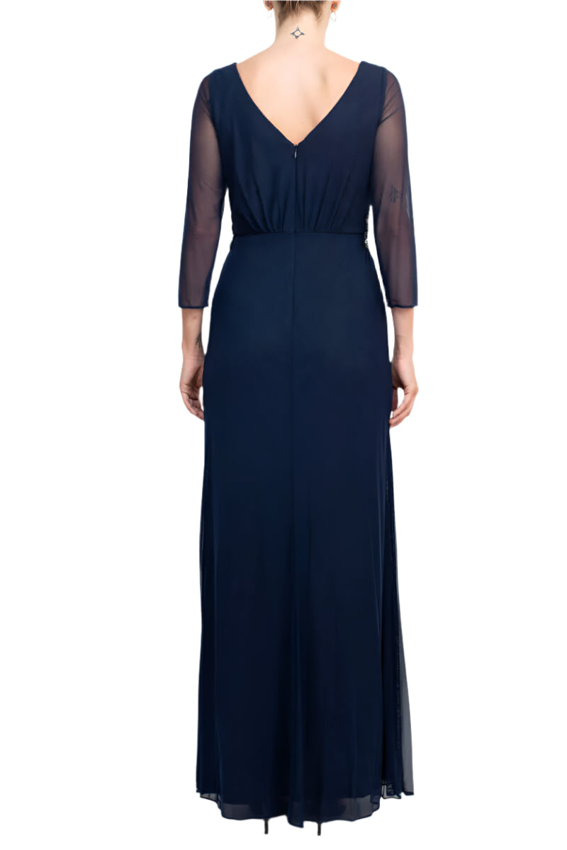 Marina V-Neck 3/4 Sleeve Embellished Waist Front Zipper Back Solid Mesh Gown - NAVY - BACK