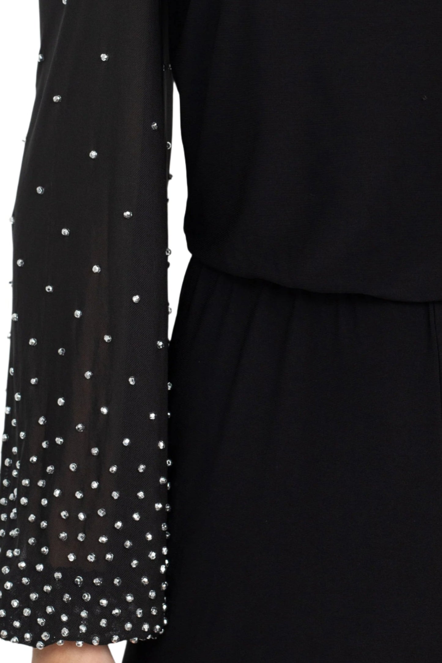 Marina Off Shoulder Embellished Chiffon Long Sleeve Blouson Solid Jersey Jumpsuit - BLACK - sleeve detailed view