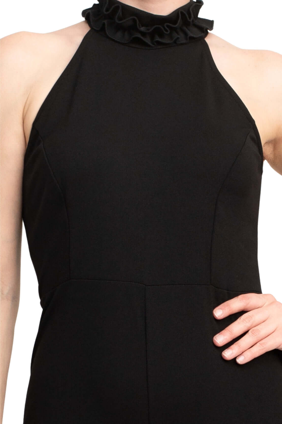 Marina Ruffled Halter Neck Keyhole Back Solid Jumpsuit - BLACK - Fabric