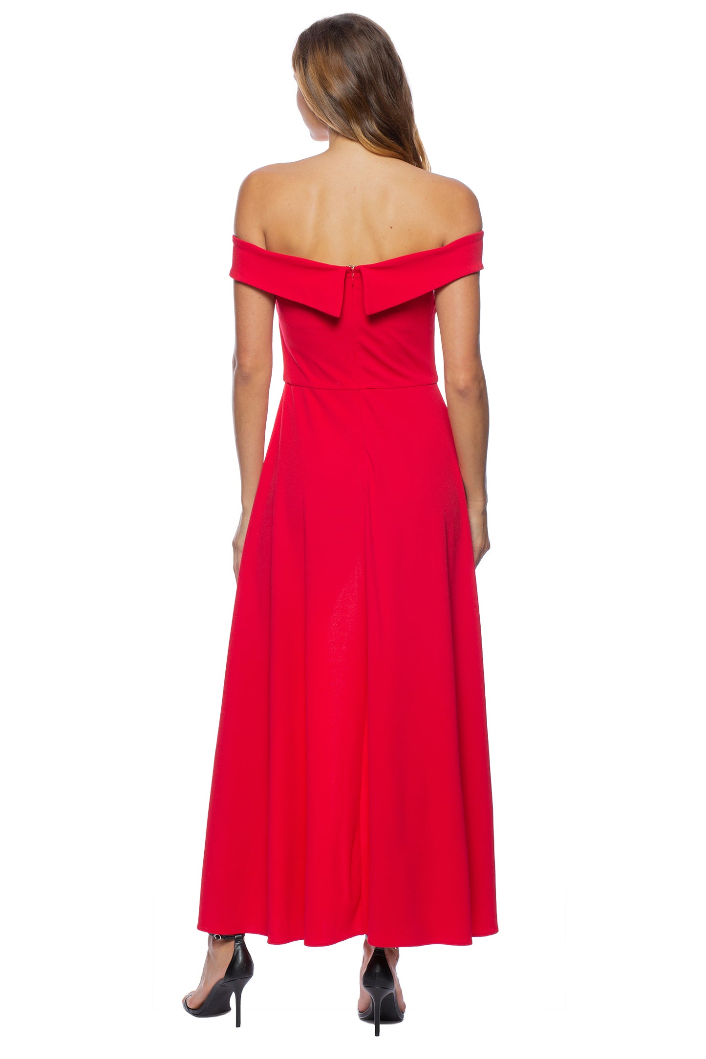 Marina Off Shoulder Zipper Back Solid Walk Through Crepe Jumpsuit - RED - BACK